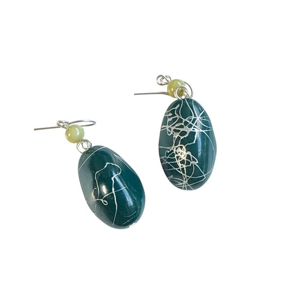 Handmade Green Oval Dangle Earrings with Yellow Beads and Abstract White Lines - Picture 4 of 5